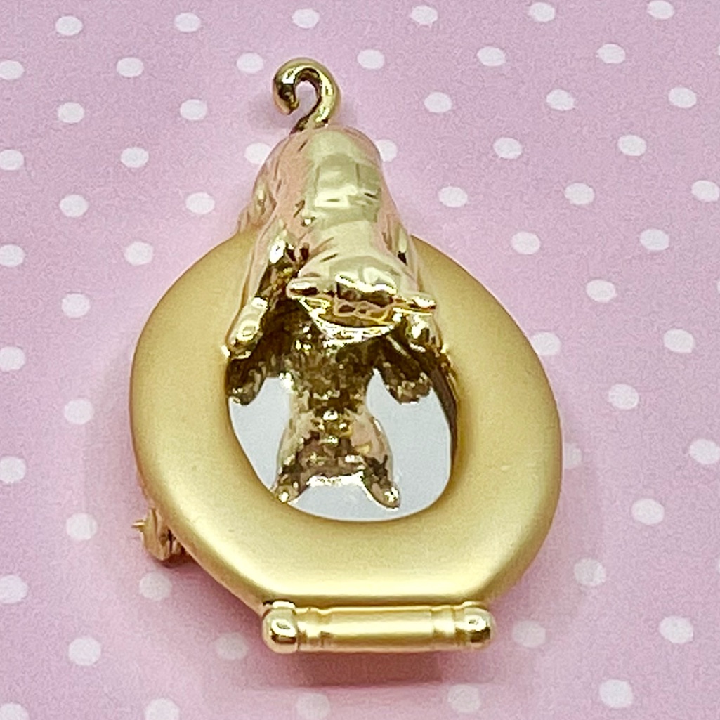 Cat Looking In The Toilet Ajc Vintage Gold Pin Rare!